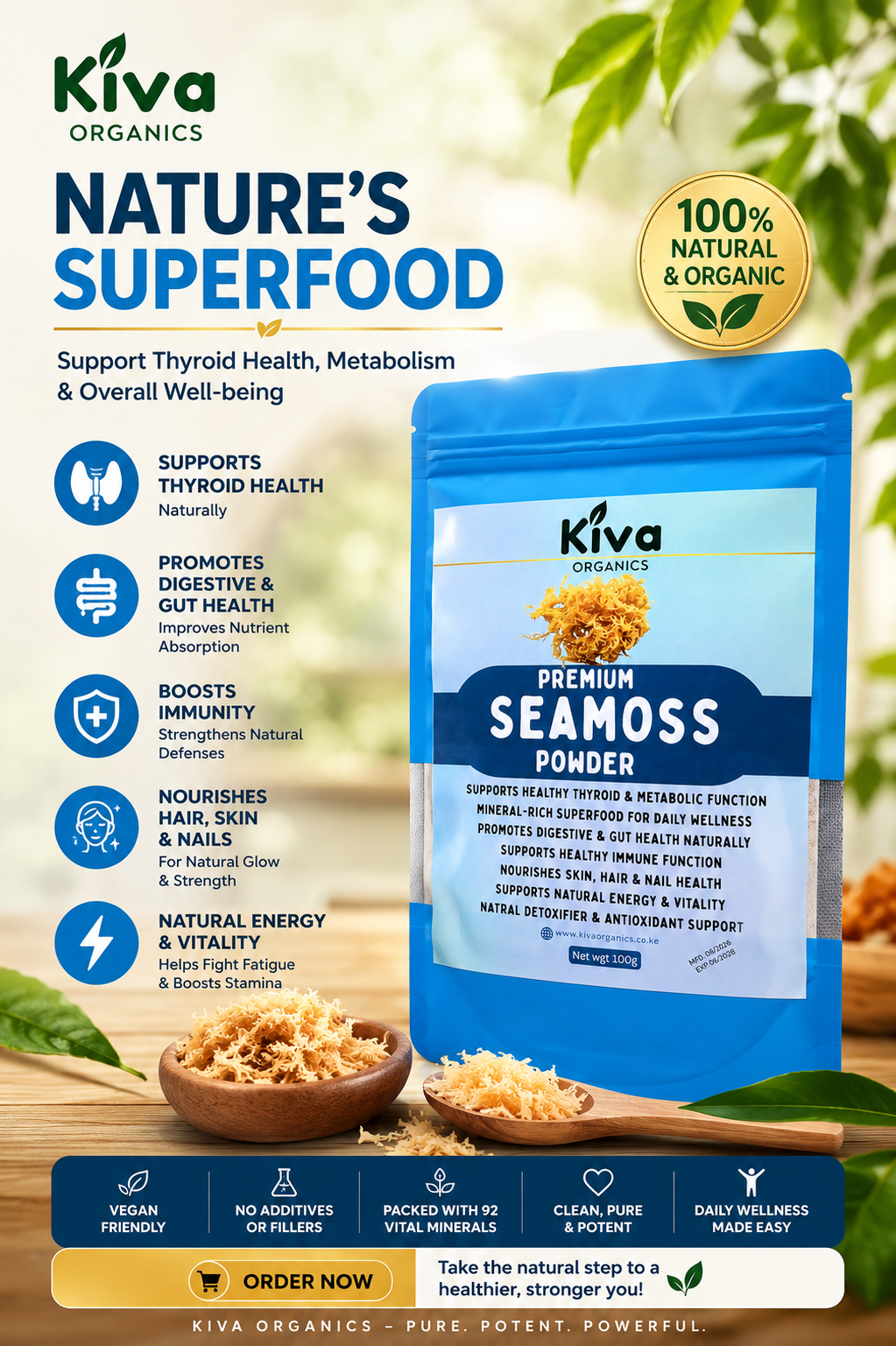 Premium Sea Moss Powder – Mineral-Rich Superfood for Thyroid, Gut Health & Natural Energy Support | Kiva Organics (100g)
