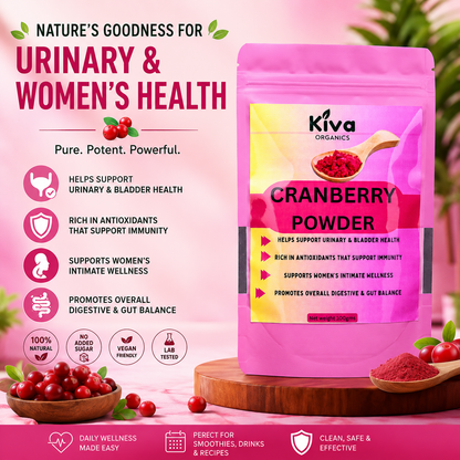 Cranberry Powder for Urinary & Women’s Wellness – Antioxidant-Rich Superfood | Kiva Organics 100gms