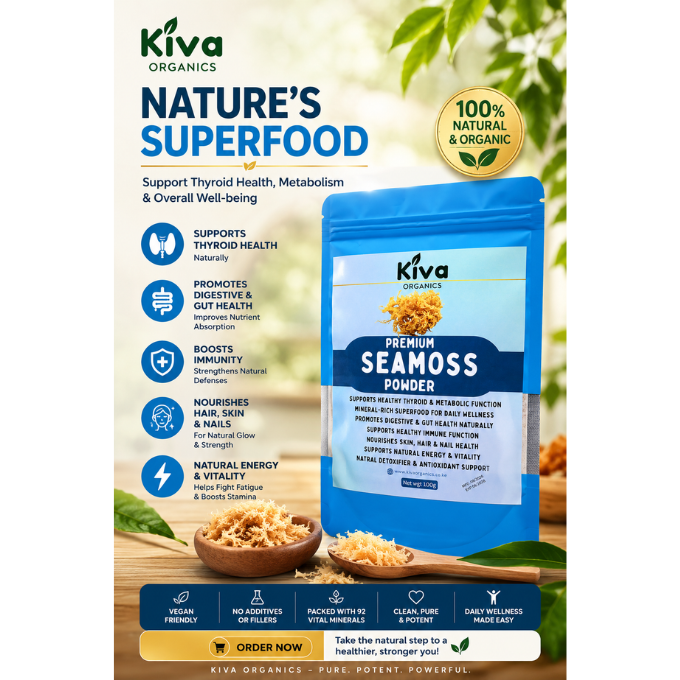 Premium Sea Moss Powder – Mineral-Rich Superfood for Thyroid, Gut Health & Natural Energy Support | Kiva Organics (100g)