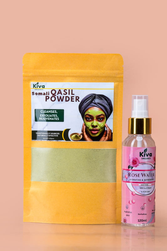 Kiva Organics Somali Qasil Powder & Rose Water Combo – Deep Cleanse, Brighten & Hydrate